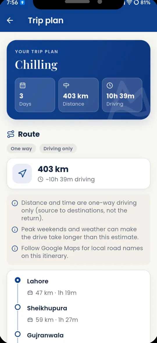 Trip plan with route